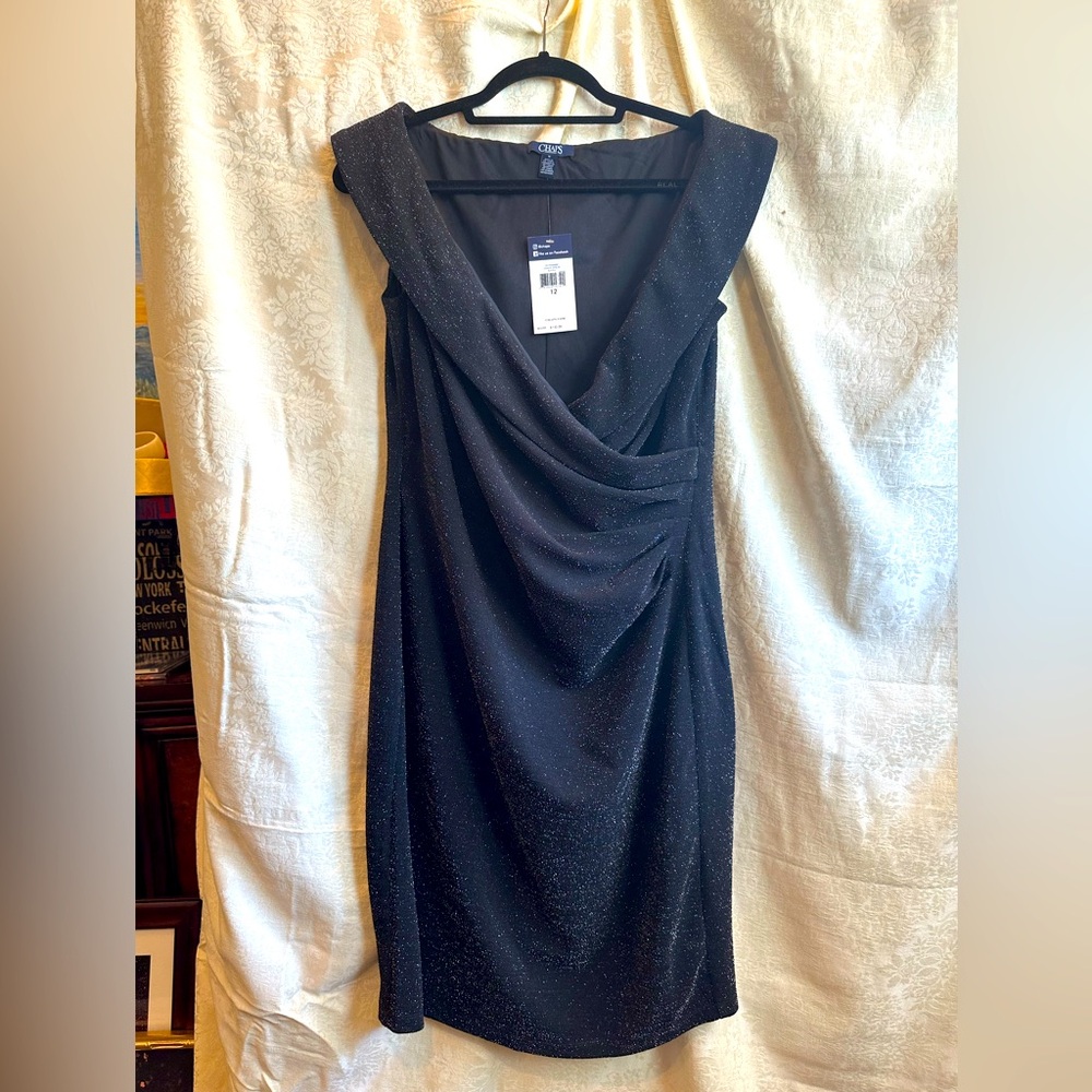 Black and silver cocktail dress, draped front, portrait collar, deep v neck